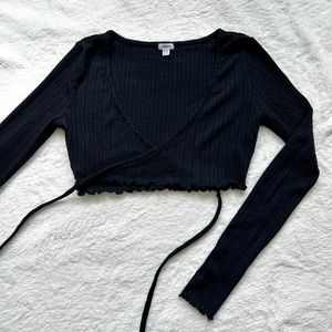 Garage black long sleeve wrap top with lettuce edge